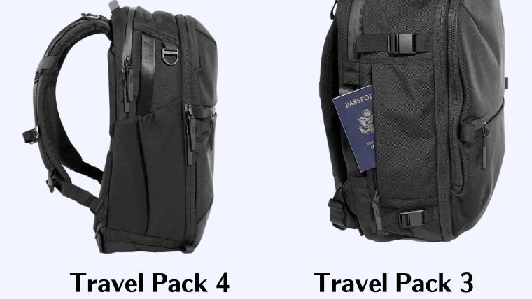 コンプレッションベルトが廃止され、ラウンドシェイプになったAer Travel Pack 4とTravel Pack 3の外観比較